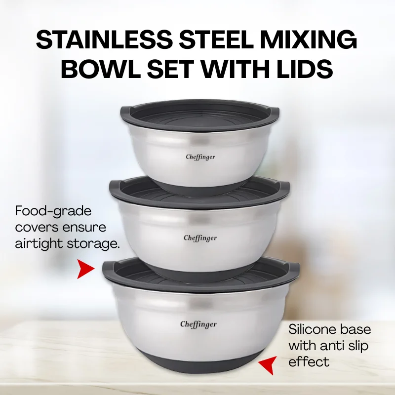 Cheffinger CF-MXB3S: 6-Piece Stainless Steel Mixing Bowl Set with Lids Cheffinger CF-MXB3S: 6-Piece Stainless Steel Mixing Bowl Set with Lids
