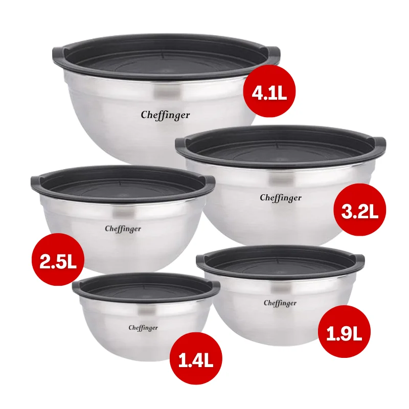 Cheffinger CF-MXB5: 10 Pieces Stainless Steel Mixing Bowl with Lid Cheffinger CF-MXB5: 10 Pieces Stainless Steel Mixing Bowl with Lid
