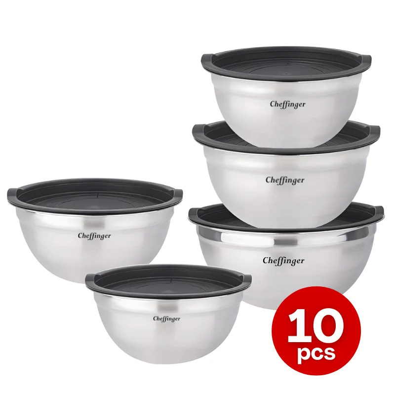 Cheffinger CF-MXB5: 10 Pieces Stainless Steel Mixing Bowl with Lid Cheffinger CF-MXB5: 10 Pieces Stainless Steel Mixing Bowl with Lid