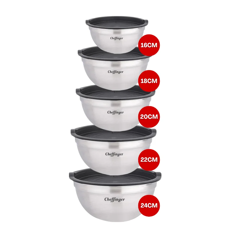 Cheffinger CF-MXB5: 10 Pieces Stainless Steel Mixing Bowl with Lid Cheffinger CF-MXB5: 10 Pieces Stainless Steel Mixing Bowl with Lid