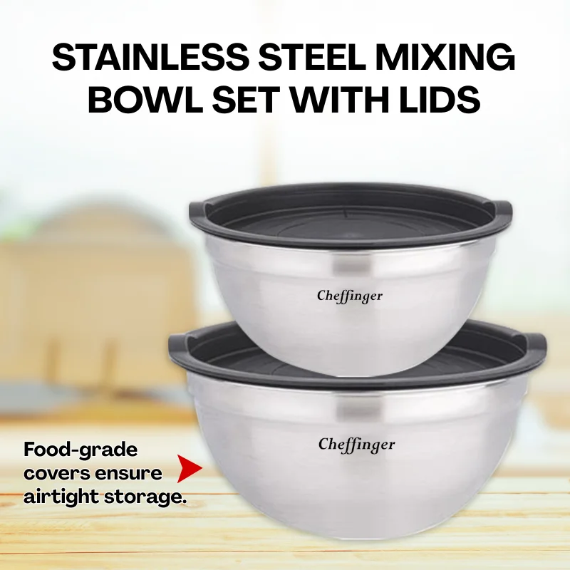 Cheffinger CF-MXB5: 10 Pieces Stainless Steel Mixing Bowl with Lid Cheffinger CF-MXB5: 10 Pieces Stainless Steel Mixing Bowl with Lid