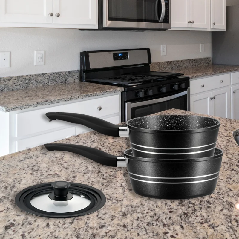 Royalty Line RL-FS2M: 3 Pieces Saucepan Set with Marble Coating Black