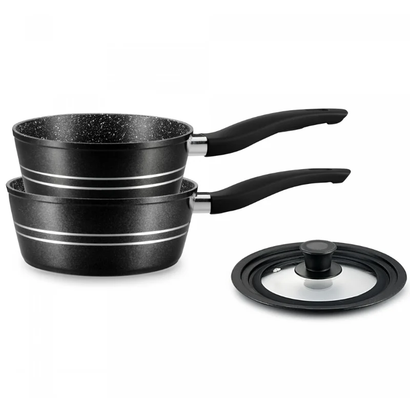 Royalty Line RL-FS2M: 3 Pieces Saucepan Set with Marble Coating Black