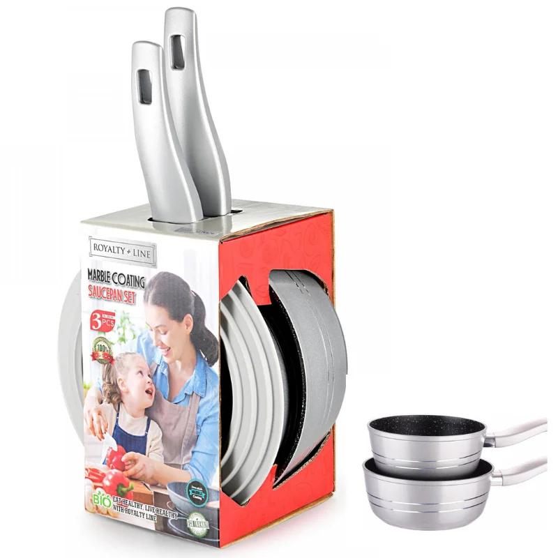 Royalty Line RL-FS2M: 3 Pieces Saucepan Set with Marble Coating Gray