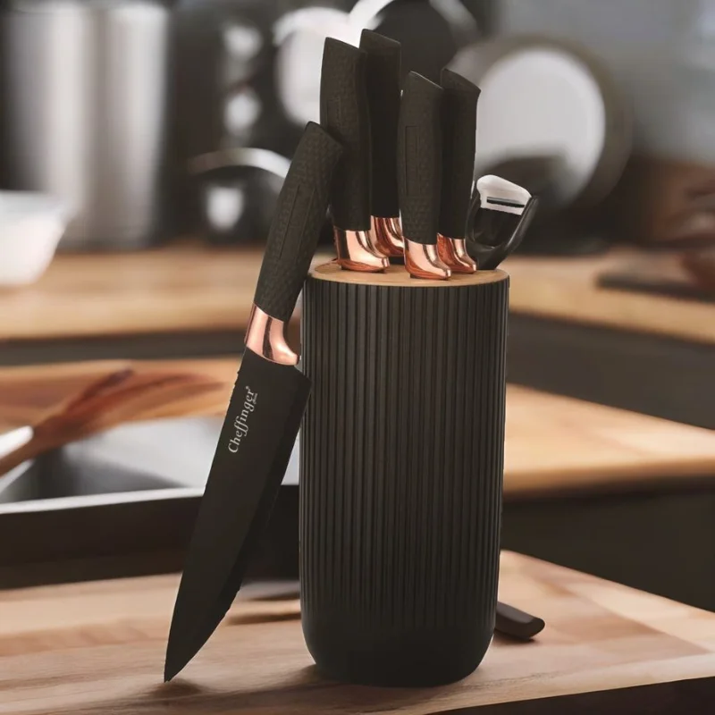 Cheffinger CF-KB01: 7 Pieces Knife Set - Black with Rose Gold Trim