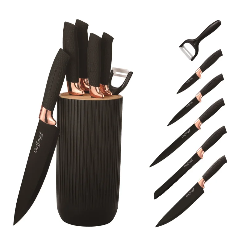 Cheffinger CF-KB01: 7 Pieces Knife Set - Black with Rose Gold Trim