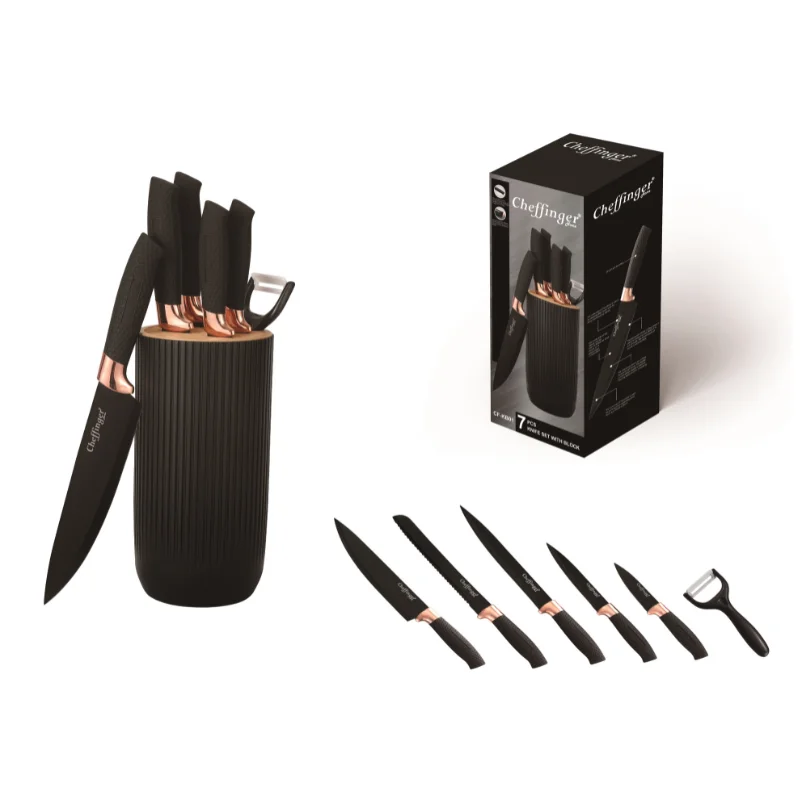 Cheffinger CF-KB01: 7 Pieces Knife Set - Black with Rose Gold Trim