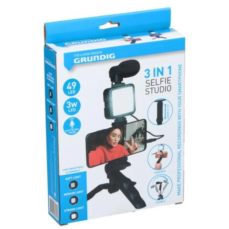 Grundig ED-38135: 3-in-1 Selfie Studio Vlogging Kit with Lighting, Microphone and Tripod Grundig ED-38135: 3-in-1 Selfie Studio Vlogging Kit with Lighting, Microphone and Tripod