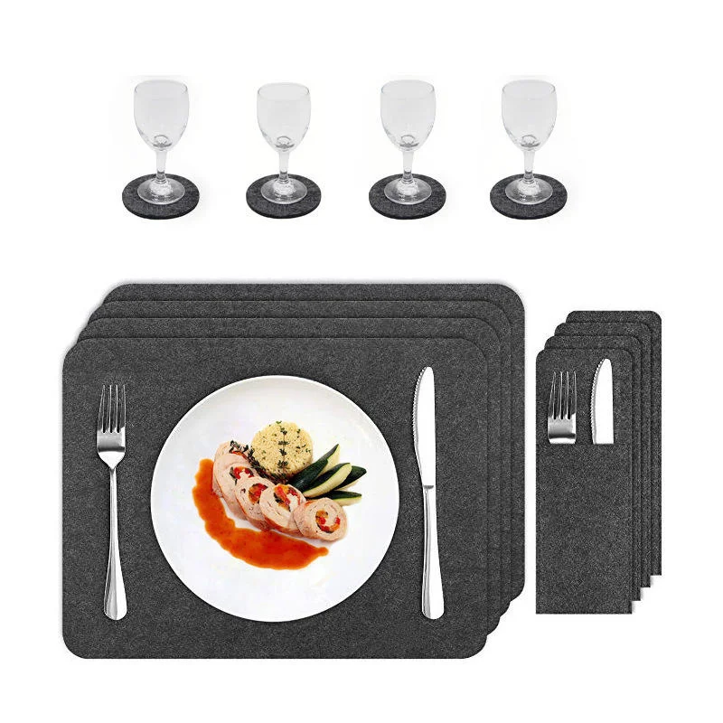 Herzberg HG-04203: 18 Pieces Natural Felt Dining Table Placemat, Cutlery Bag & Coaster Set