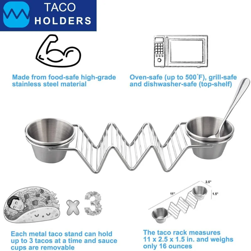 Herzberg HG-04043: Stainless Steel Taco Holder with 2 Cups Herzberg HG-04043: Stainless Steel Taco Holder with 2 Cups