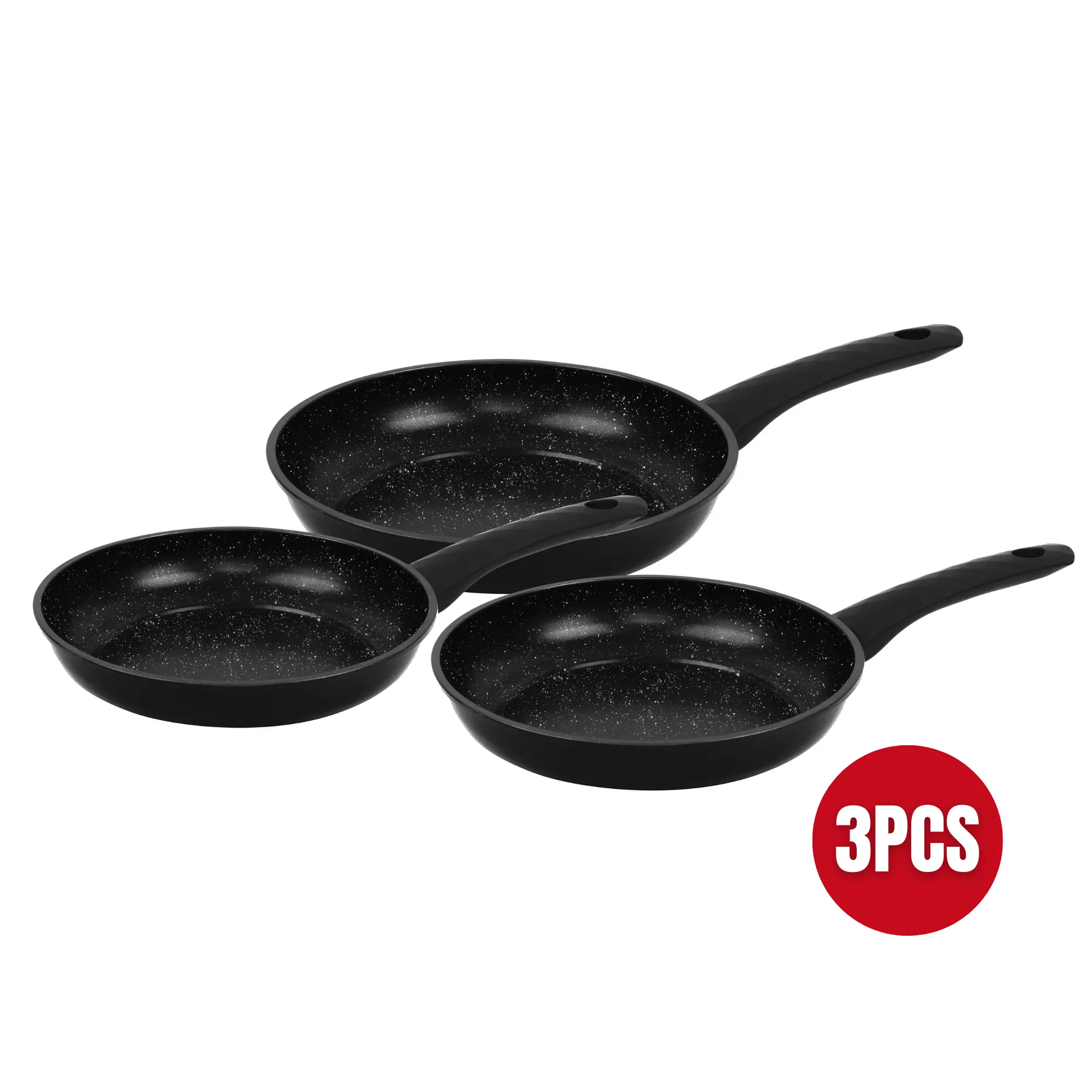 Herzberg HG-04746BLK: 3 Pieces Marble Coated Forged Frying Pan Set - Black