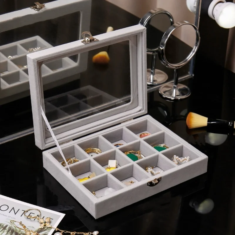 Herzberg HG-05309: Elegant Glass Lid Jewelry Organizer with 12 Compartments Herzberg HG-05309: Elegant Glass Lid Jewelry Organizer with 12 Compartments