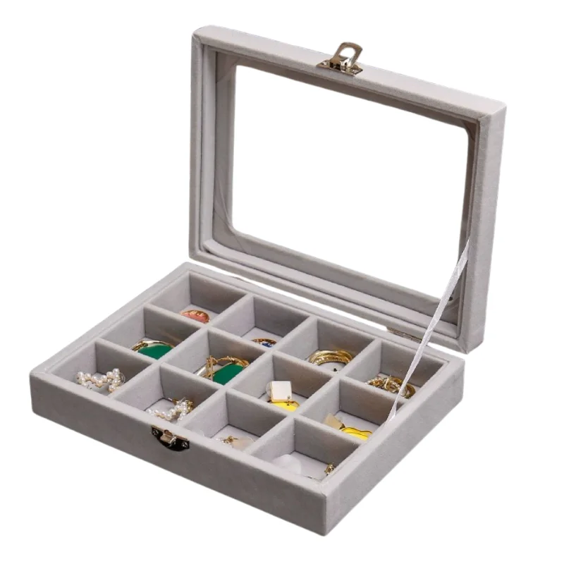 Herzberg HG-05309: Elegant Glass Lid Jewelry Organizer with 12 Compartments Herzberg HG-05309: Elegant Glass Lid Jewelry Organizer with 12 Compartments