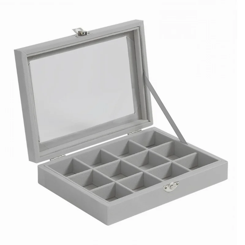 Herzberg HG-05309: Elegant Glass Lid Jewelry Organizer with 12 Compartments Herzberg HG-05309: Elegant Glass Lid Jewelry Organizer with 12 Compartments
