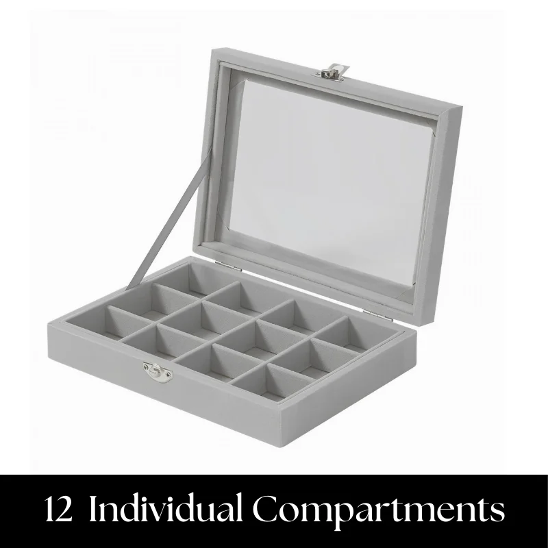 Herzberg HG-05309: Elegant Glass Lid Jewelry Organizer with 12 Compartments Herzberg HG-05309: Elegant Glass Lid Jewelry Organizer with 12 Compartments