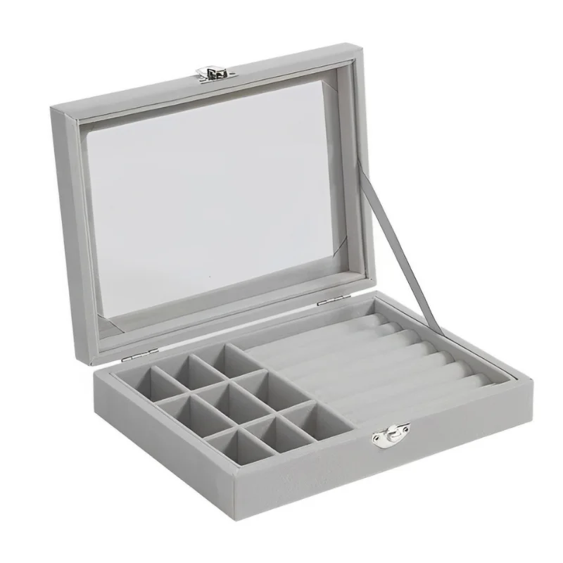 Herzberg HG-05361: Velvet Jewelry Organizer with Glass Lid, 9 Grids + 7 Ring Slots Herzberg HG-05361: Velvet Jewelry Organizer with Glass Lid, 9 Grids + 7 Ring Slots