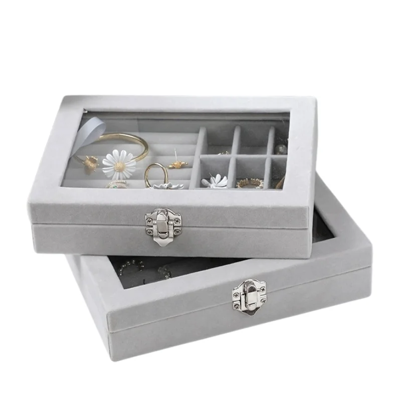 Herzberg HG-05361: Velvet Jewelry Organizer with Glass Lid, 9 Grids + 7 Ring Slots Herzberg HG-05361: Velvet Jewelry Organizer with Glass Lid, 9 Grids + 7 Ring Slots
