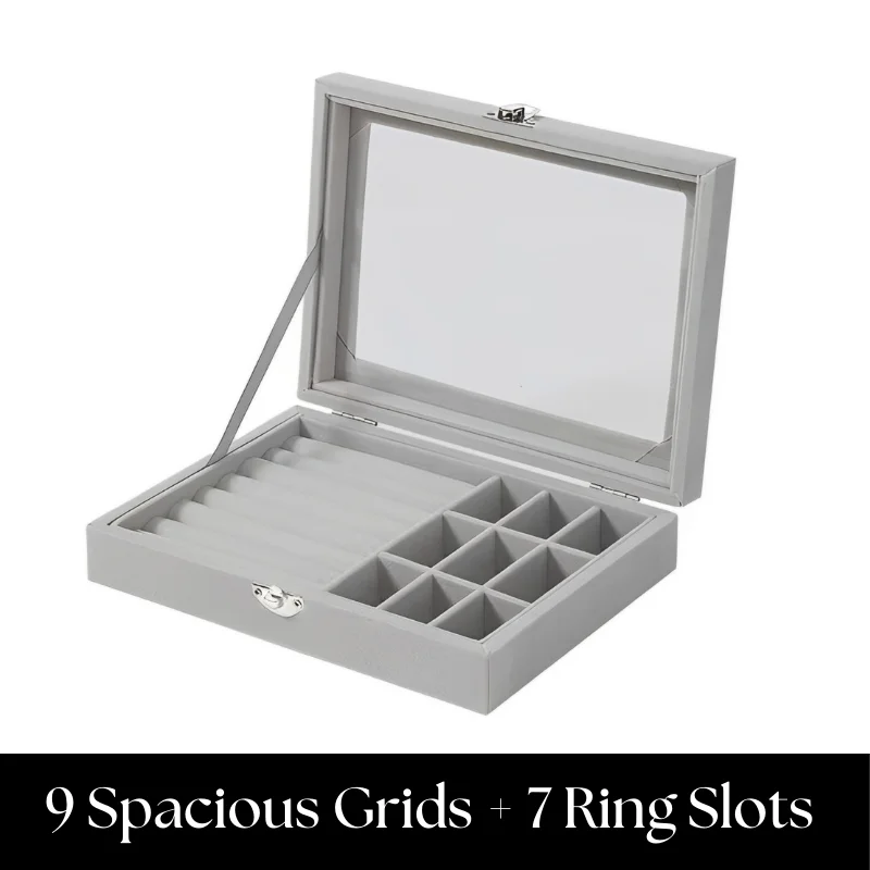 Herzberg HG-05361: Velvet Jewelry Organizer with Glass Lid, 9 Grids + 7 Ring Slots Herzberg HG-05361: Velvet Jewelry Organizer with Glass Lid, 9 Grids + 7 Ring Slots