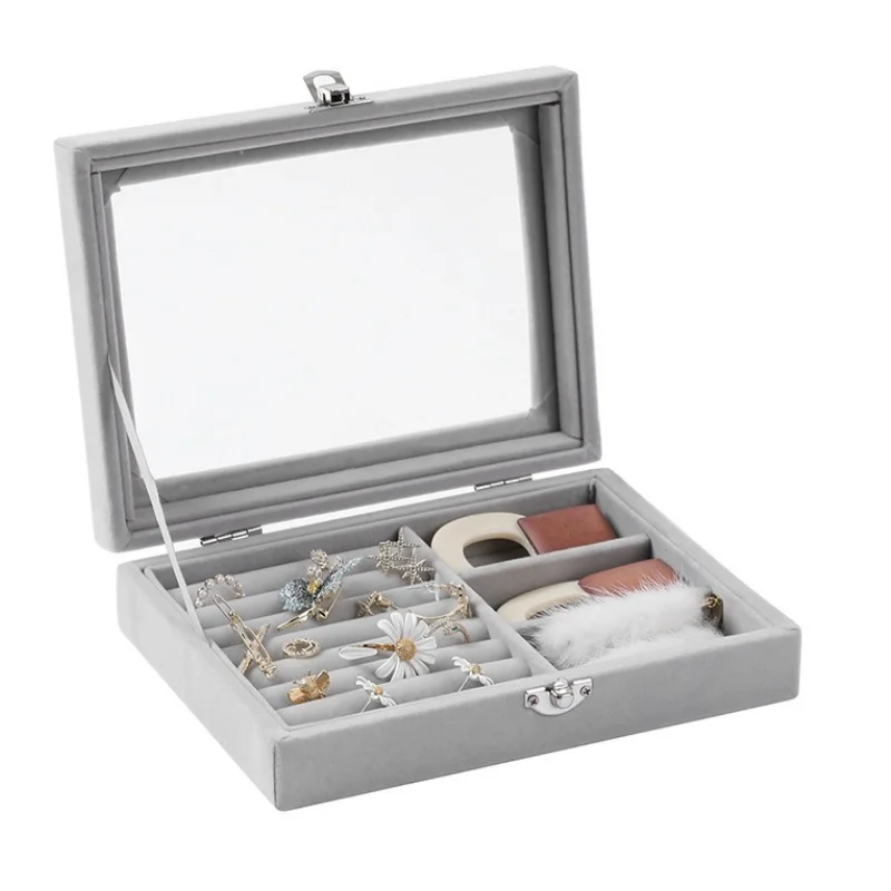 Herzberg HG-05330: Velvet Jewelry Organizer with Glass Lid, 3 Grids + 7 Ring Slots Herzberg HG-05330: Velvet Jewelry Organizer with Glass Lid, 3 Grids + 7 Ring Slots
