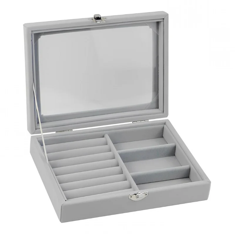 Herzberg HG-05330: Velvet Jewelry Organizer with Glass Lid, 3 Grids + 7 Ring Slots Herzberg HG-05330: Velvet Jewelry Organizer with Glass Lid, 3 Grids + 7 Ring Slots