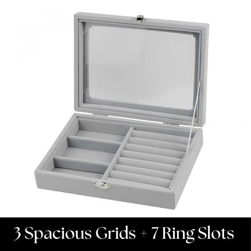 Herzberg HG-05330: Velvet Jewelry Organizer with Glass Lid, 3 Grids + 7 Ring Slots Herzberg HG-05330: Velvet Jewelry Organizer with Glass Lid, 3 Grids + 7 Ring Slots