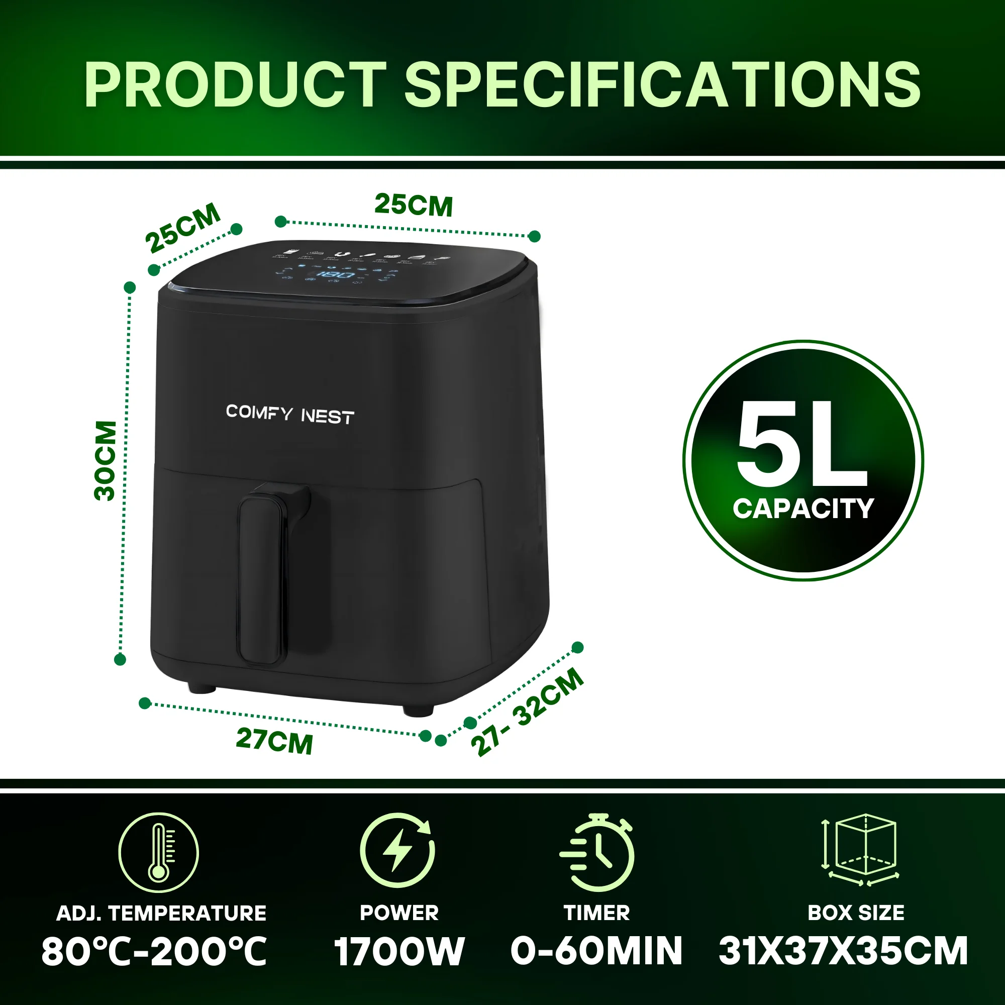 Comfy Nest CN-06191: 1400W Digital Air Fryer - 5L Comfy Nest CN-06191: 1400W Digital Air Fryer - 5L
