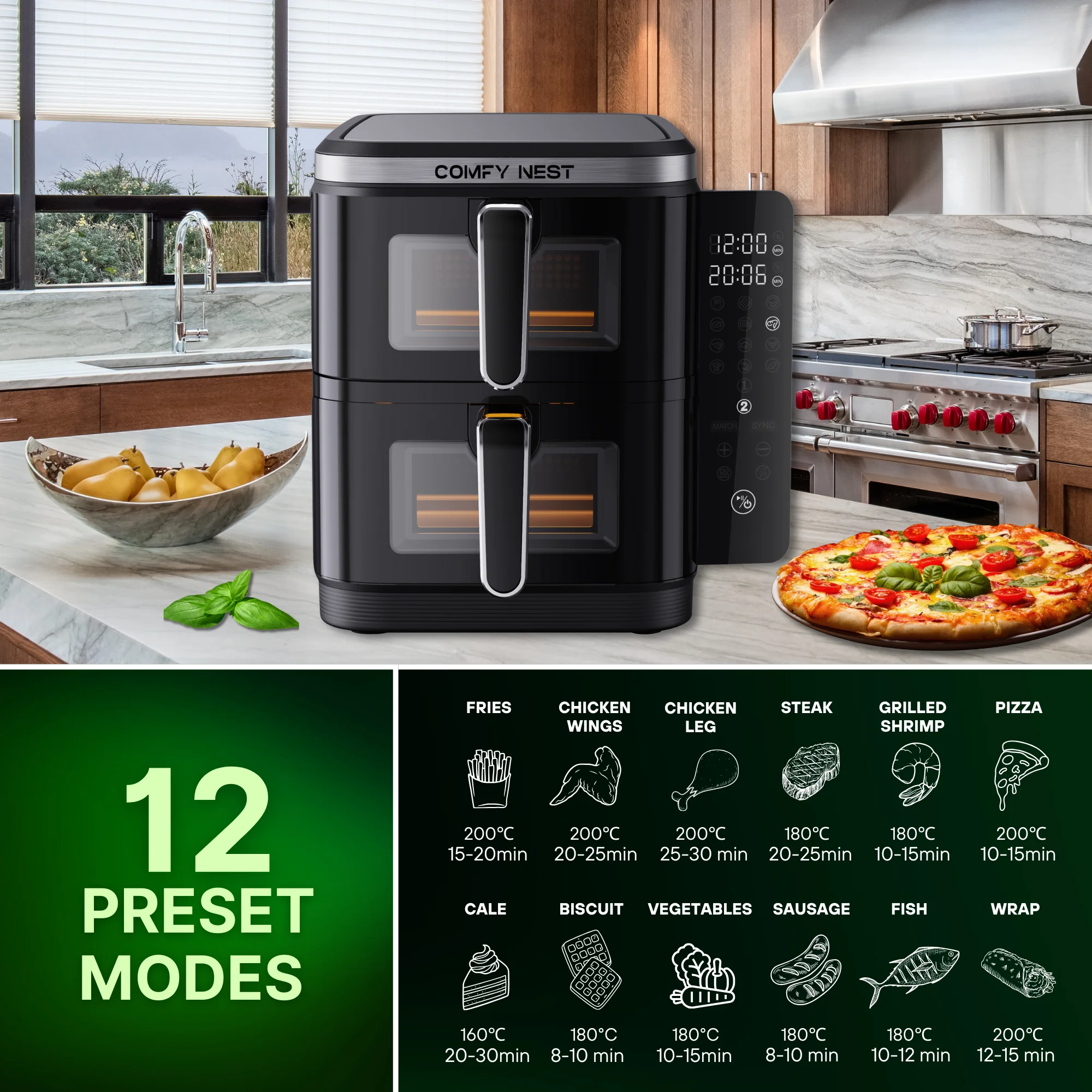 Comfy Nest CN-06184: 2800W Double Basket Air Fryer with Window & Side Panel - 11L Comfy Nest CN-06184: 2800W Double Basket Air Fryer with Window & Side Panel - 11L
