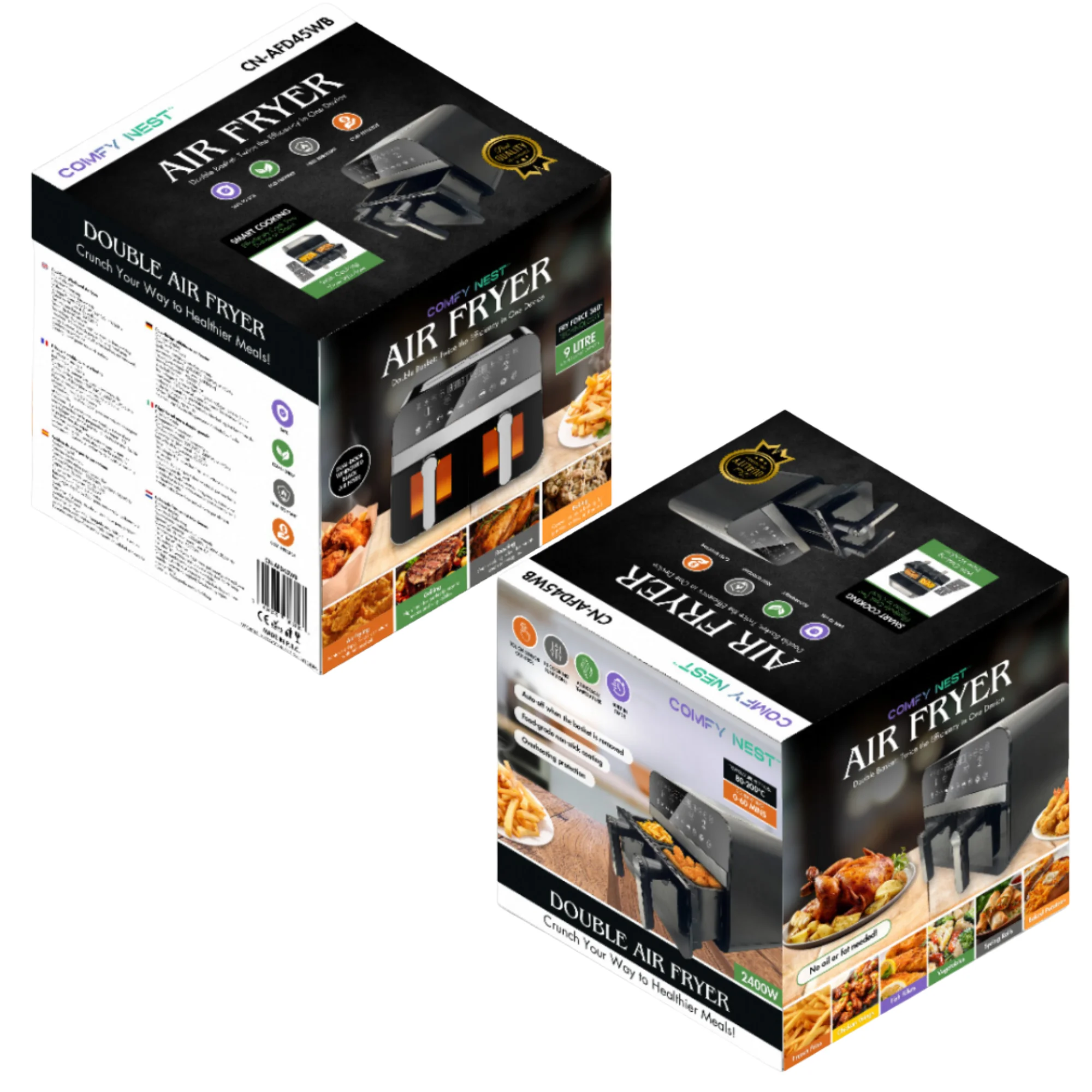 Comfy Nest CN-AFD45WB: 2400W Black Double Basket Digital Air Fryer w/ Window - 9L Comfy Nest CN-AFD45WB: 2400W Black Double Basket Digital Air Fryer w/ Window - 9L