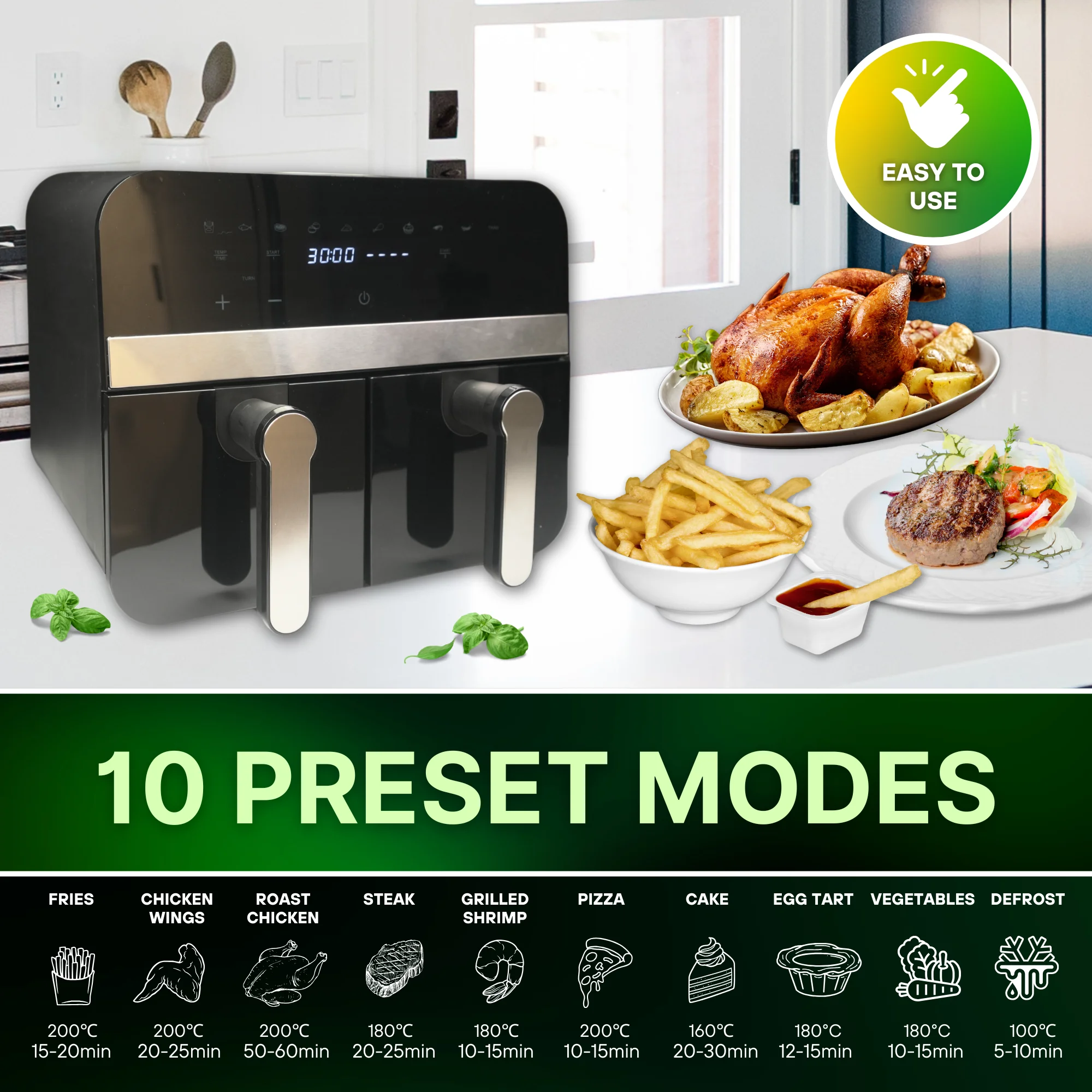 Comfy Nest CN-AFD45NB: 2400W Black Double Basket Digital Air Fryer - 9L Comfy Nest CN-AFD45NB: 2400W Black Double Basket Digital Air Fryer - 9L